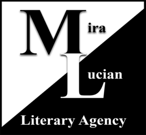 Mira Lucian logo, black M on a white background and a white L on a black background, image split vertically into black and white and says Mira Lucian Literary Agency